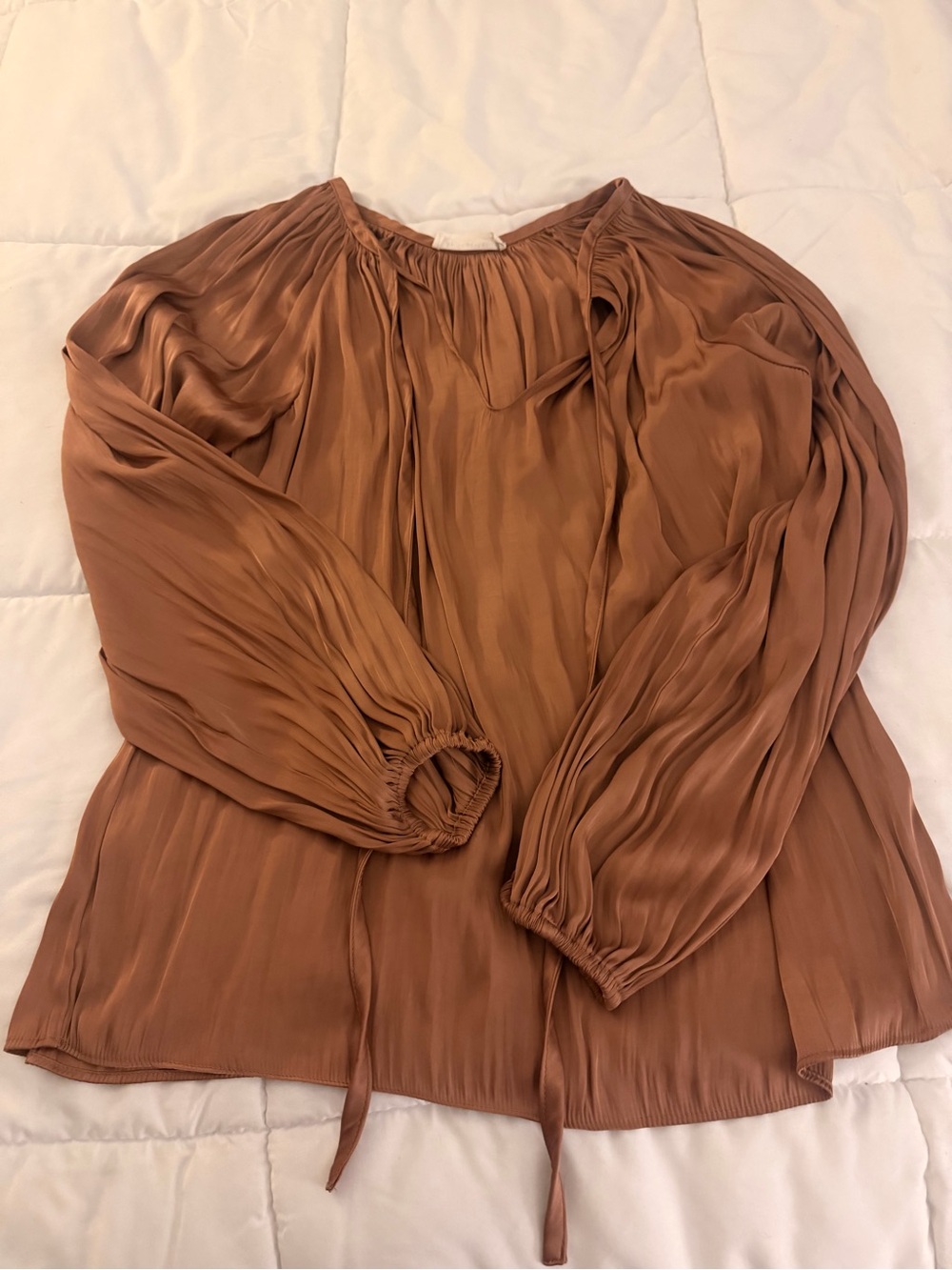 By Together Pleated Tie-Neck Blouse in Rust Brown